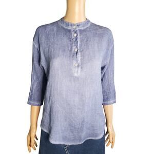 Tempo Paris Size S/M Blue Wash Linen Gauzy Cotton Blend High Collar Popover Top